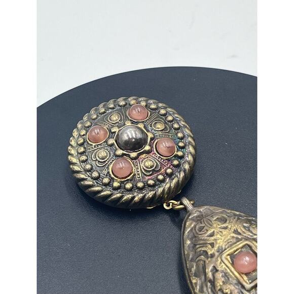 CHARLIE LAURE PARIS Vintage 4” Brass Articulated Dangle Repousse Orange Brooch - Picture 4 of 15